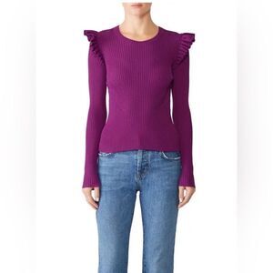 Cinq A Sept Sweater with ruffles purple ribbed knit XS